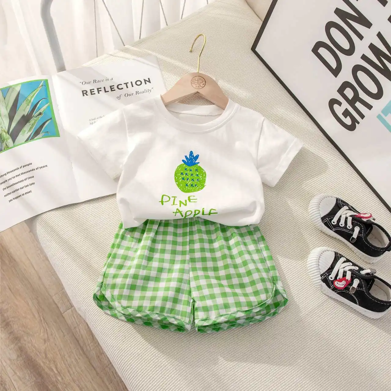 Fruit T-shirt Plaid Shorts Girls 2pc/set Summer Children's Clothes Cotton Kids Short Sleeved Suit Fashion Baby Clothing 1-6Y 5