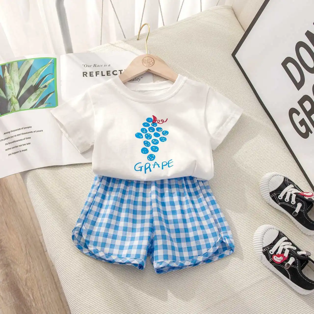 Fruit T-shirt Plaid Shorts Girls 2pc/set Summer Children's Clothes Cotton Kids Short Sleeved Suit Fashion Baby Clothing 1-6Y 2