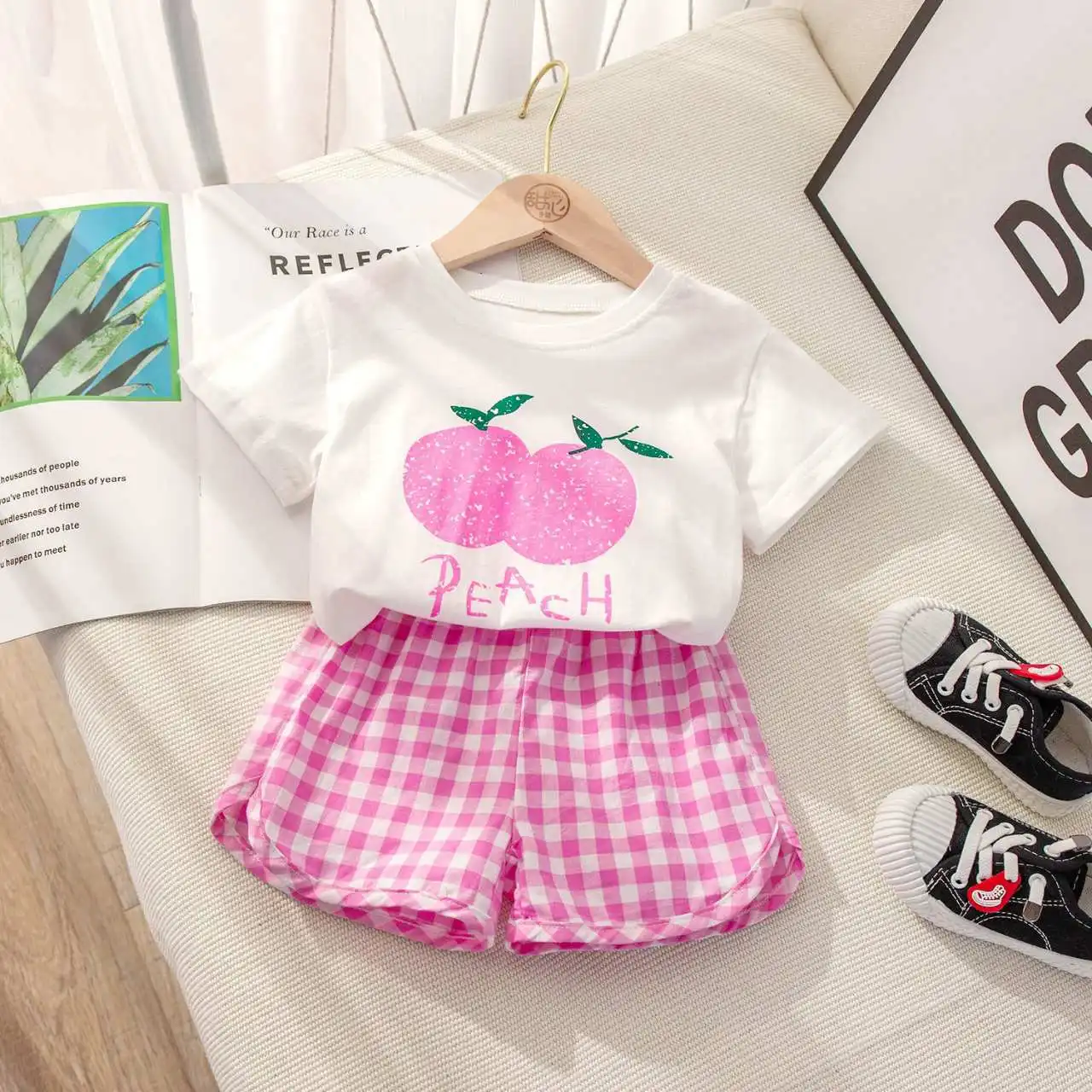 Fruit T-shirt Plaid Shorts Girls 2pc/set Summer Children's Clothes Cotton Kids Short Sleeved Suit Fashion Baby Clothing 1-6Y 3