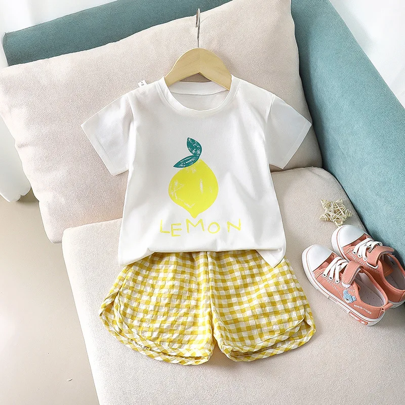 Fruit T-shirt Plaid Shorts Girls 2pc/set Summer Children's Clothes Cotton Kids Short Sleeved Suit Fashion Baby Clothing 1-6Y 4