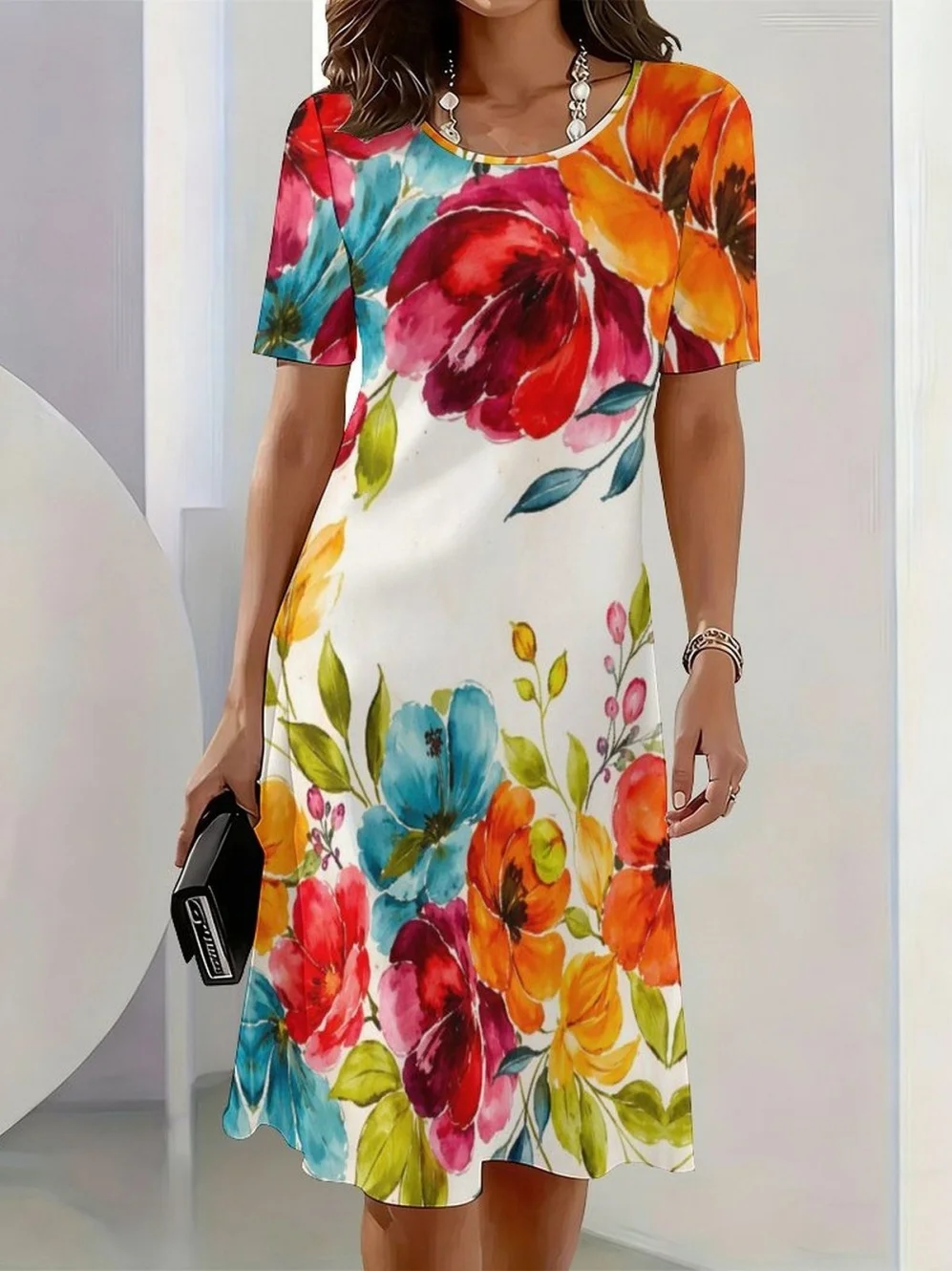 2026 New Elegant Floral Print Dresses for Women Round-Neck Short Sleeve Female Clothing Summer Travel Vacation Clothes for Woman 18