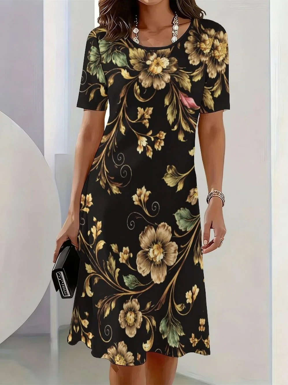 2026 New Elegant Floral Print Dresses for Women Round-Neck Short Sleeve Female Clothing Summer Travel Vacation Clothes for Woman 16