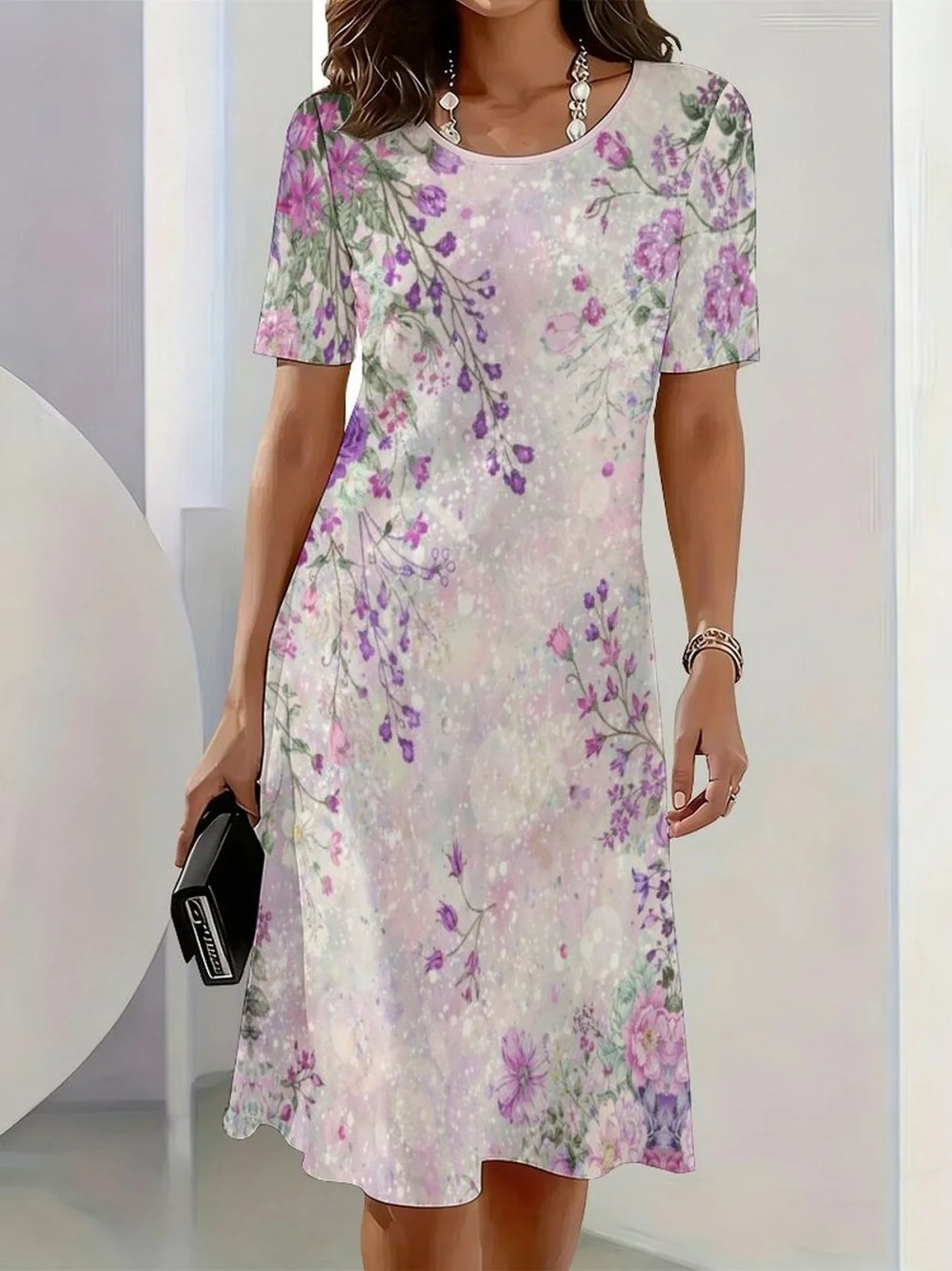 2026 New Elegant Floral Print Dresses for Women Round-Neck Short Sleeve Female Clothing Summer Travel Vacation Clothes for Woman 19