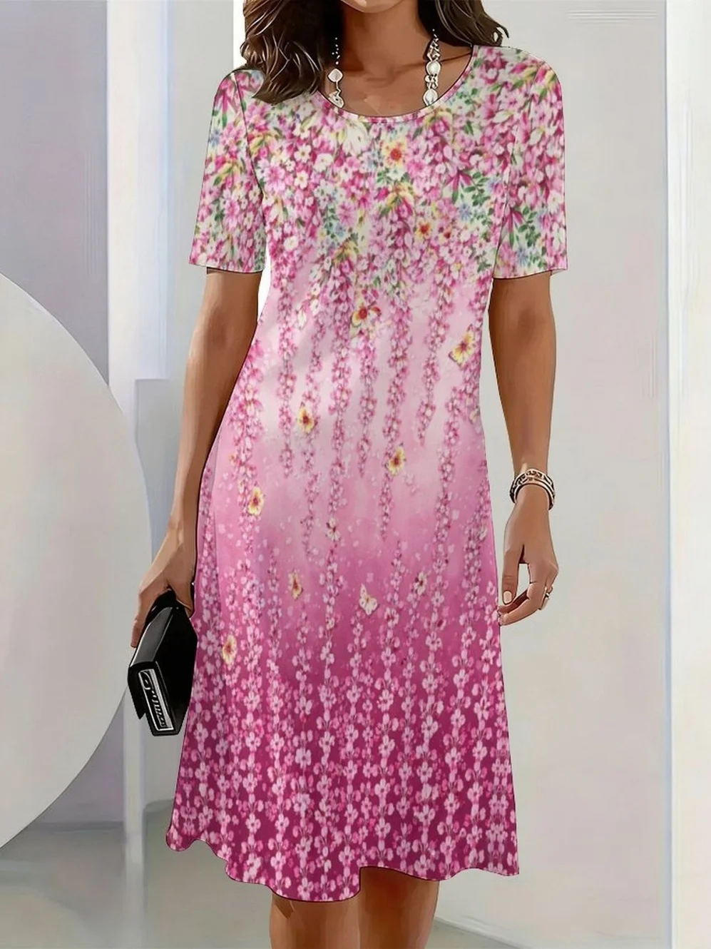 2026 New Elegant Floral Print Dresses for Women Round-Neck Short Sleeve Female Clothing Summer Travel Vacation Clothes for Woman 20