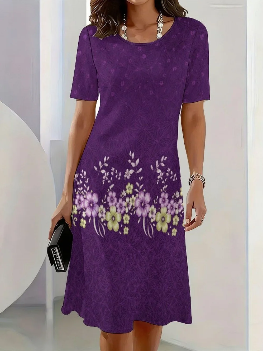 2026 New Elegant Floral Print Dresses for Women Round-Neck Short Sleeve Female Clothing Summer Travel Vacation Clothes for Woman 9