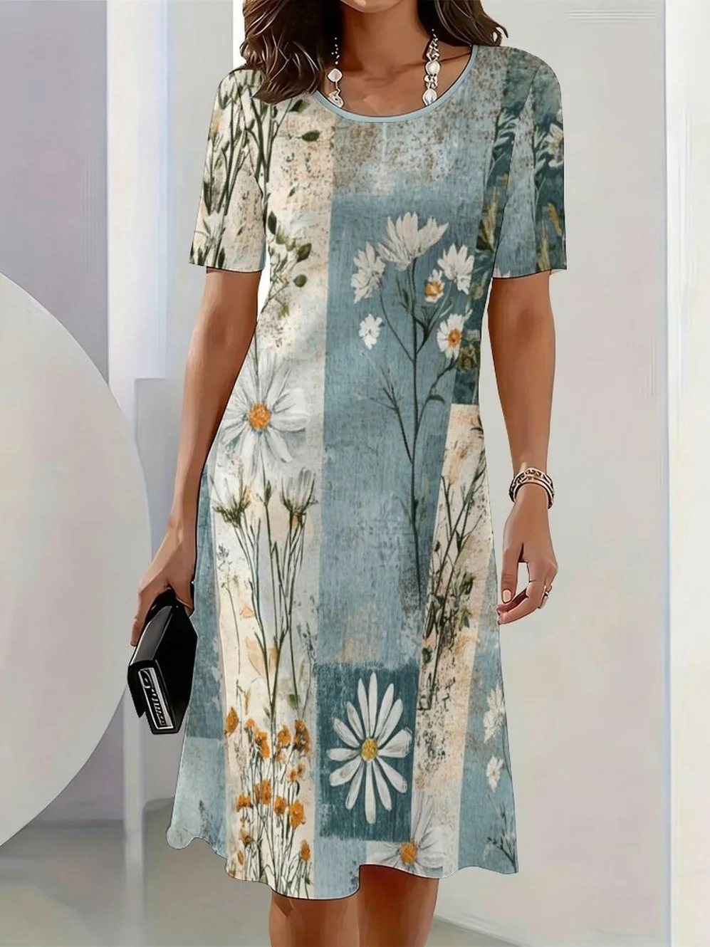 2026 New Elegant Floral Print Dresses for Women Round-Neck Short Sleeve Female Clothing Summer Travel Vacation Clothes for Woman 7