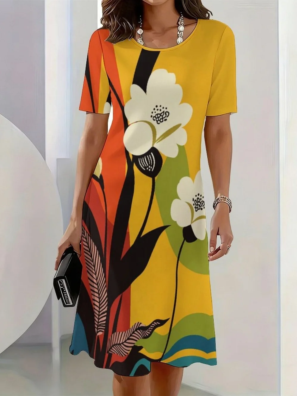 2026 New Elegant Floral Print Dresses for Women Round-Neck Short Sleeve Female Clothing Summer Travel Vacation Clothes for Woman 5