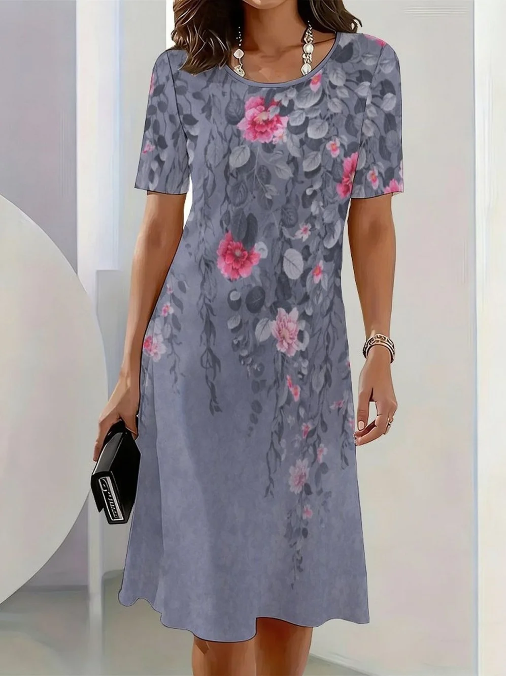 2026 New Elegant Floral Print Dresses for Women Round-Neck Short Sleeve Female Clothing Summer Travel Vacation Clothes for Woman 10