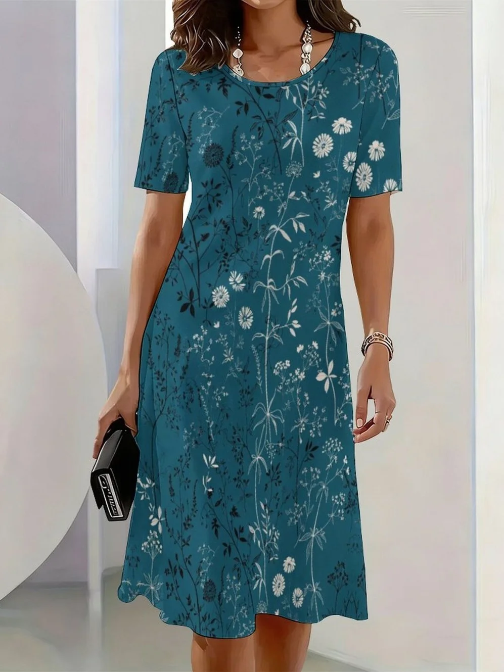 2026 New Elegant Floral Print Dresses for Women Round-Neck Short Sleeve Female Clothing Summer Travel Vacation Clothes for Woman 12
