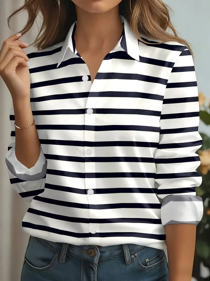 New Spring Autumn Women Blouses Fashion Striped Pattern Printing Shirt Elegant Casual Everyday Blouse Ladies Office Loose Shirts