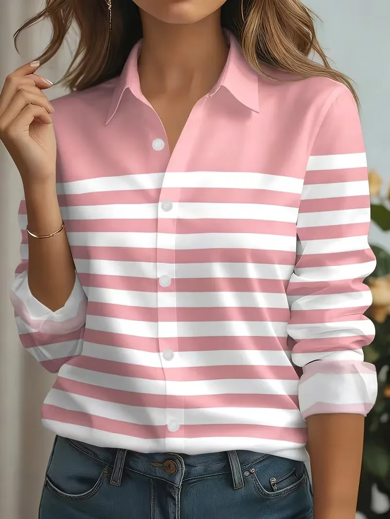 New Spring Autumn Women Blouses Fashion Striped Pattern Printing Shirt Elegant Casual Everyday Blouse Ladies Office Loose Shirts 6