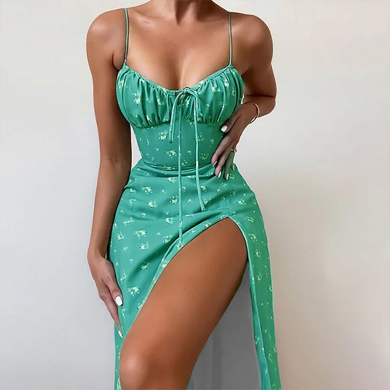 Women Elegant Floral Beach Vacation Streetwear Sexy Low Cut Beach Party Slim Slit Dress Chic Bodycon Lady Sleeveless Vestidos 7