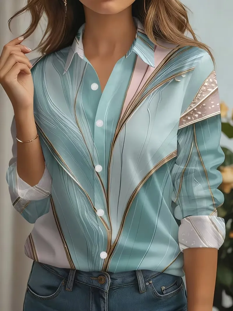 Autumn New Women's Shirts Gradient Stripes Print Blouse Lapel Neck Long Sleeve Office Ladies Tops Shirts Casual Womens Clothes 6